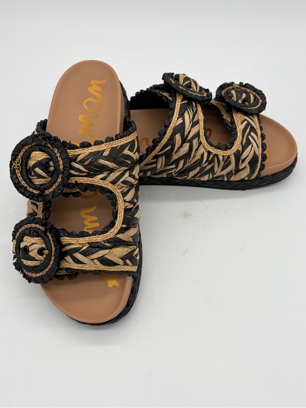 Sam Edelman Braided Two-Buckle Slide Sandals - Black & Tan New without Box